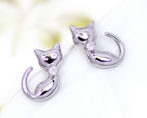ピアス　ダイヤモンド　0.02ct　10金　ホワイトゴールド　K10　WG　キャット　猫　ネコ　レディース　アクセサリー　ジュエリー　ギフト　d733tw　ダイヤ
