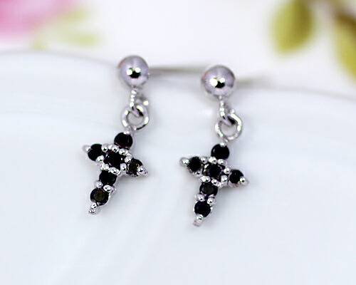 ピアス　ブラック　ダイヤモンド　0.1ct　10金　ホワイトゴールド　K10　WG　クロス　十字架　スタッド　レディース　アクセサリー　ジュエリー　ギフト　50723　ダイヤ