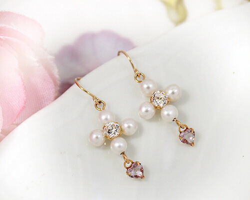 ピアス　淡水　パール　キュービック　ジルコニア　アメジスト　3mm　10金　ホワイトゴールド　ピンクゴールド　K10　WG　PG　クロス　十字架　アメリカン　フック　レディース　アクセサリー　ジュエリー　ギフト　m6243ty