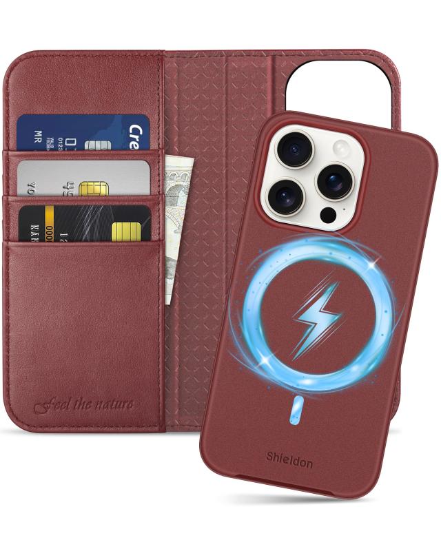 SHIELDON iPhone 15 Pro 対応手帳型ケース 2in1分離式 本革 取り外し自由 あいふぉん15 プロ 携帯カバー 衝撃吸収 カード収納 横置きスタンド機能 マグネット内蔵 RFIDブロッキング全面保護 アイホン 15プロ 対応 スマホケース 202発売 6.1インチ 対応 5G 2-in-1分離式 ワインの通販は
