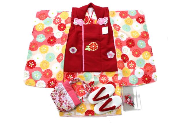 【送料無料】三歳/3才女児お祝い着（古典柄菊/着物：ピンク×肌色/被布：赤色/七五三・洗える）_1