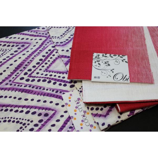 変わり織り個性派浴衣＆麻半幅帯セット-No.008【浴衣の色：オフ