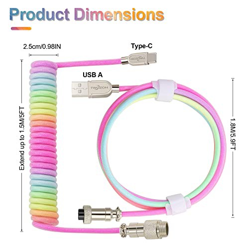 パープル Twozoh USB Cメカニカルキーボードコイルケーブル、編組