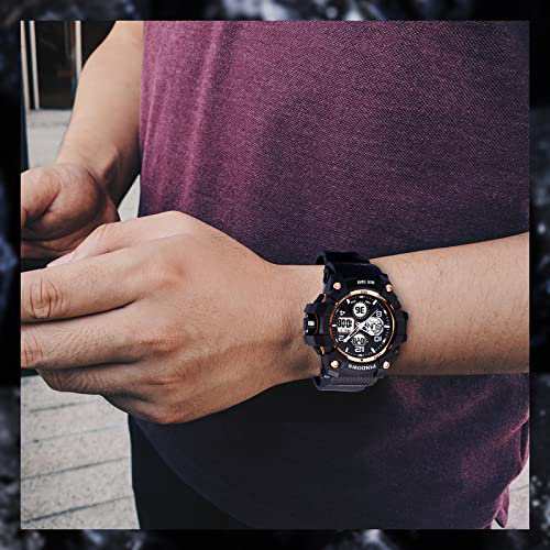 ブラックゴールド メンズ腕時計デジタル電子時計メタリック防水大型 