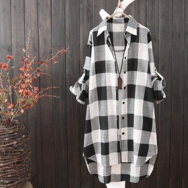 シャツブラウス ロングシャツ チェックブラウス チェック柄 襟付き 長袖 レディース トップス シャツブラウス レディース チェック柄シャツ 長袖 トップス