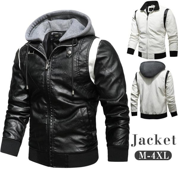 革ジャン メンズ レザージャケット レザーコート ライダースジャケット テーラード フード付き 革 開襟 刺繍 お兄系 アメカジ アウター 送料無料 7,780円
