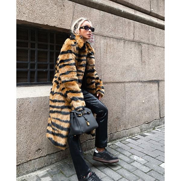 ファーコート ロングコートフェイク 虎柄フェイクフォックス ベルト 