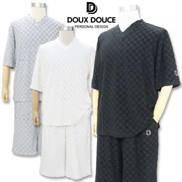 デュークスデューチェ 半袖VネックTシャツ ハーフパンツ セットアップ 753803S DOUX DOUCE 刺繍 白 04 グレー 12 黒 15 メンズ M L LL