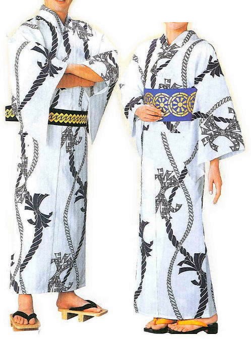 ゆかた　仕立上浴衣　白地紺　熨斗　縄　男物・女物　杉２３３０「舞台・ステージ　衣裳」盆踊り・お稽古・イベントにも最適！