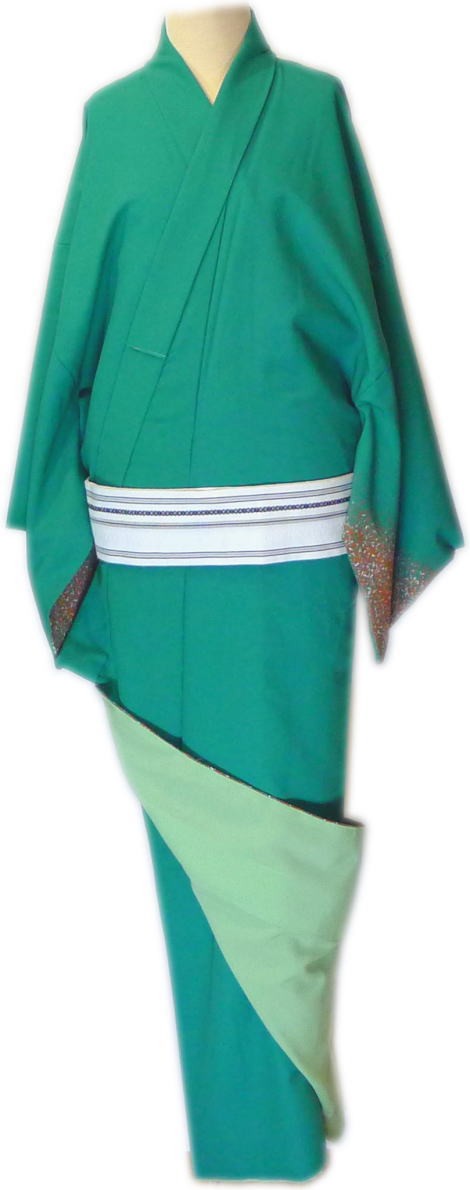 仕立上　男物 絵羽　附下“胴抜仕立”≪緑地　吹雪柄≫八掛仕立 八掛若草色「舞台衣装・ステージ衣装」着物　踊り着物 踊り用