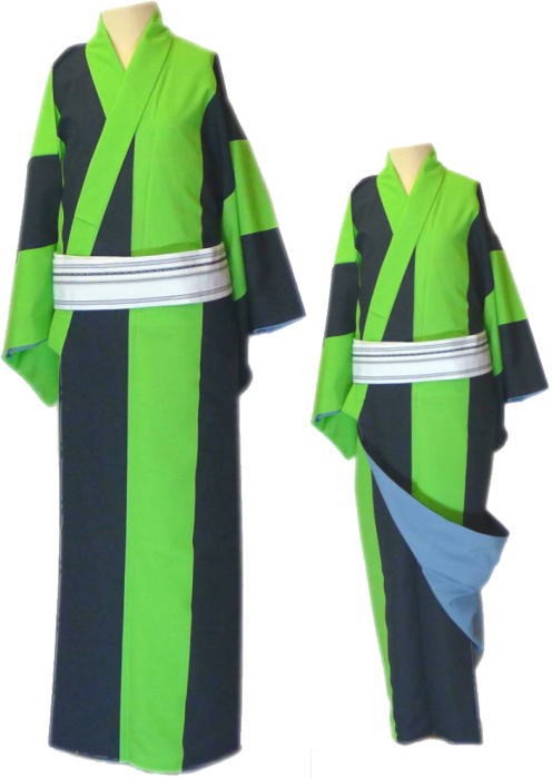 仕立上　男物小紋 “胴抜仕立”≪黒　緑１≫八掛仕立　八掛グレー色　大きいサイズ「舞台衣装・ステージ衣装」【送料無料】着物　踊り着物 踊り用