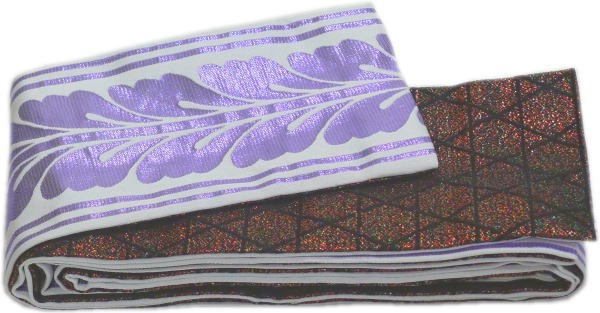 四寸三分帯013　金襴帯《白地藤色箔藤花　黒地オーロラ赤緑箔籠目》両面　日本製 半巾帯　４寸３分帯　小袋帯　リバーシブルの通販は