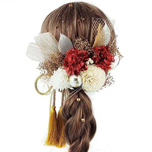 ANJOU 和風髪飾り 成人式 和装 髪飾り ダリア 造花飾り 和玉 赤 ヘア