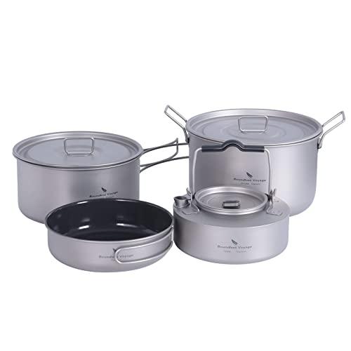 Boundless Voyage チタン 鍋 クッカー フライパン ケトル 4点セット キャンプクッカーポット キャンプ鍋 アウトドア鍋 蓋付き