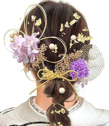 ・パープル ・・Color:パープル・簡潔でおしゃれ 紫陽花やカスミ草などのなお花をはじめ、組紐、水引と洋風にも適用する網型飾りやベリーが組み合せた髪飾りです。・多色の21点セットJZOONオリジナル