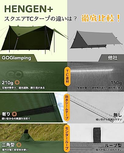 GOGlamping HENGEN+スクエアタープTC 正方形タープ ポリコットン 焚き火可 19箇所ループ・特殊防水テープ付き500mm耐水圧_3