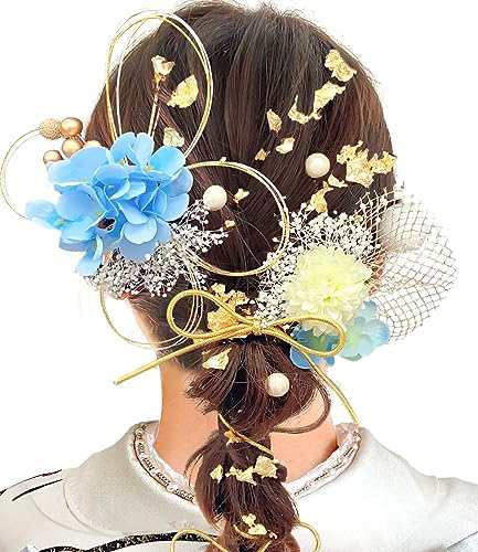 ・ブルー ・・Color:ブルー・簡潔でおしゃれ 紫陽花やカスミ草などのなお花をはじめ、組紐、水引と洋風にも適用する網型飾りやベリーが組み合せた髪飾りです。・多色の21点セットJZOONオリジナルのデ