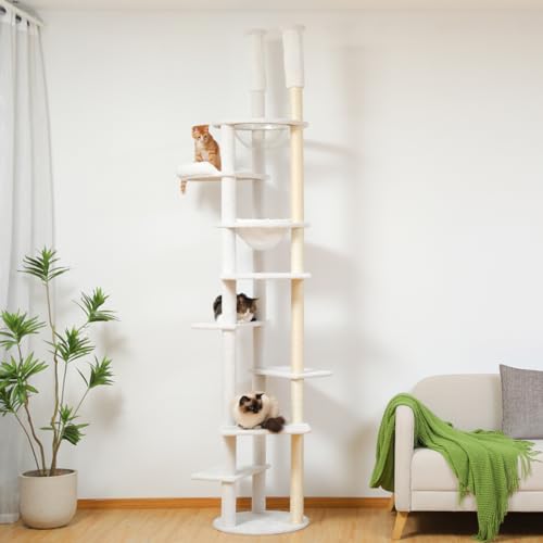 キャットタワー 突っ張り スリム 省スペース 猫タワー 突っ張り 大型猫用 多頭飼い 6本天然サイザル麻紐 爪とぎ 225~240cm 見晴台