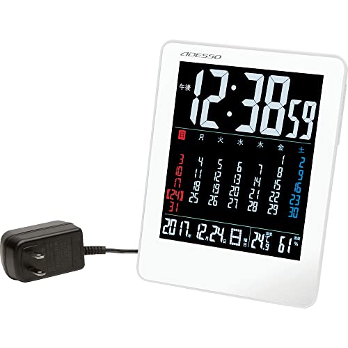 ADESSOアデッソ 置き時計 電波 デジタル カラーカレンダー 電波時計 温度 湿度 曜日 日付表示 置き掛け兼用 ホワイト NA-929