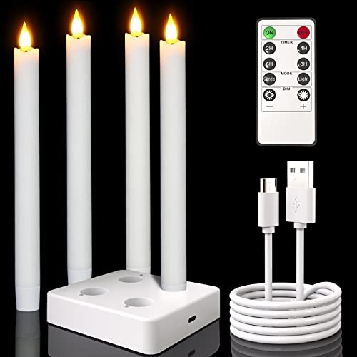 LEDキャンドルライト充電式、SoulBay 4個 24.5cm 長の白い 蝋燭 、リモートコントロール タイマー機能 充電ベース 付き、ホーム
