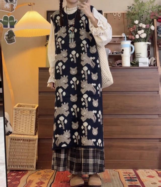 猫柄 ニット ロングワンピース ノースリーブ 秋冬 ニットベスト