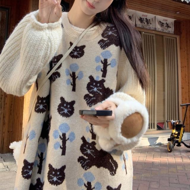 猫柄 ニット ロングワンピース ノースリーブ 秋冬 ニットベスト