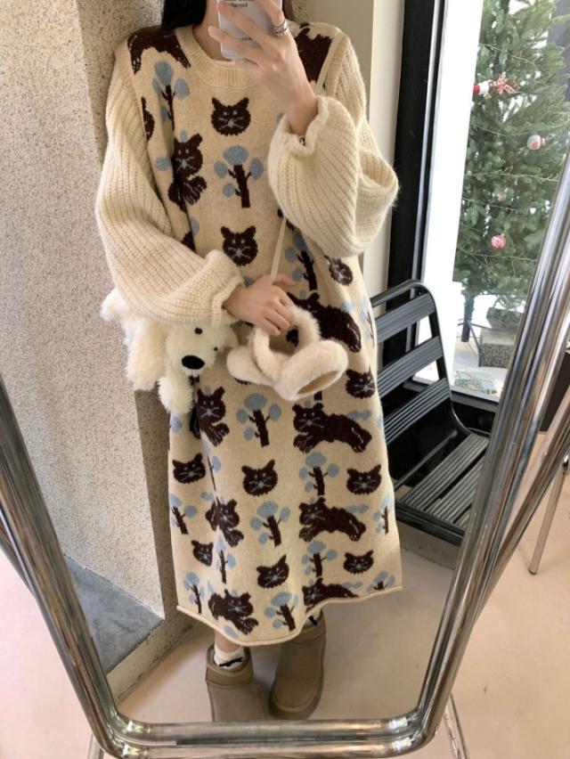 猫柄 ニット ロングワンピース ノースリーブ 秋冬 ニットベスト