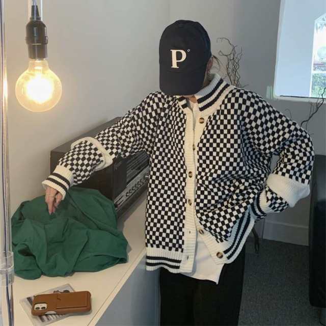 オーバーサイズ チェッカーフラッグ柄 市松模様 袖編み地切替え ロングスリーブ コーディガン トップス セーター カーディガン ミディアム丈 長袖 ドロップショルダー 萌袖 スタンドカラー ハイネック 前開き ニット 厚手 カジュアル おしゃれ かっこいい  レディースの通販は