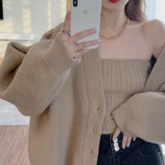 セット売り セーターカーディガン インナー ブラウン ホワイト トップス ニットソー セーター カーディガン スリム 細身 ストレート スマート かわいい きれいめ シンプル 大人 上品 おしゃれ 可愛い 大人女子  ラフ クール モード系 セクシー エレガント 無地 レディースの通販は