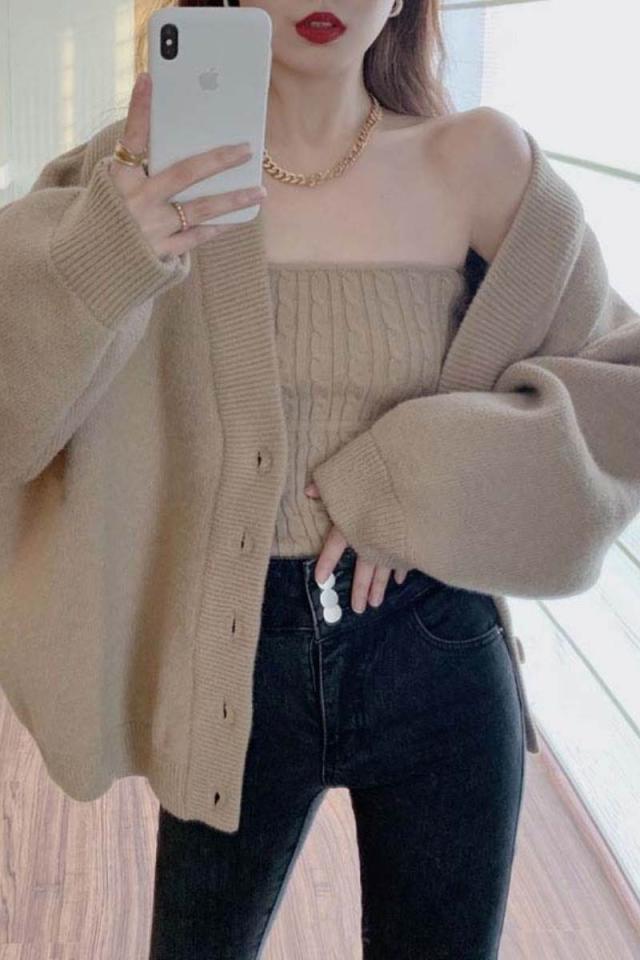 セット売り セーターカーディガン インナー ブラウン ホワイト トップス ニットソー セーター カーディガン スリム 細身 ストレート スマート かわいい きれいめ シンプル 大人 上品 おしゃれ 可愛い 大人女子  ラフ クール モード系 セクシー エレガント 無地 レディースの通販は