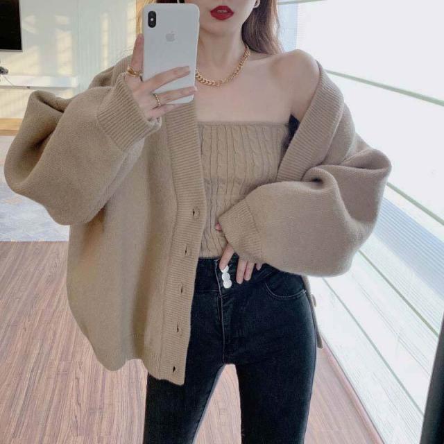 セット売り セーターカーディガン インナー ブラウン ホワイト トップス ニットソー セーター カーディガン スリム 細身 ストレート スマート かわいい きれいめ シンプル 大人 上品 おしゃれ 可愛い 大人女子  ラフ クール モード系 セクシー エレガント 無地 レディースの通販は