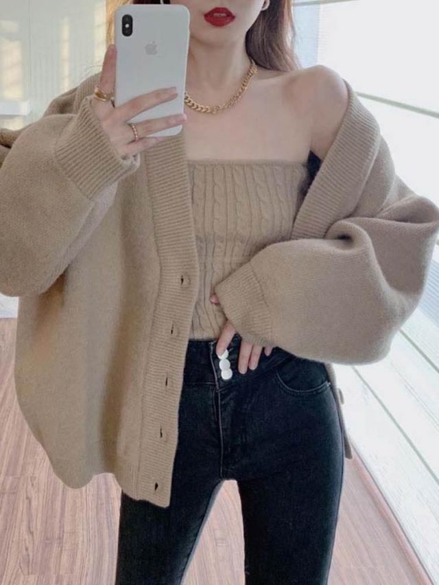セット売り セーターカーディガン インナー ブラウン ホワイト トップス ニットソー セーター カーディガン スリム 細身 ストレート スマート かわいい きれいめ シンプル 大人 上品 おしゃれ 可愛い 大人女子  ラフ クール モード系 セクシー エレガント 無地 レディースの通販は