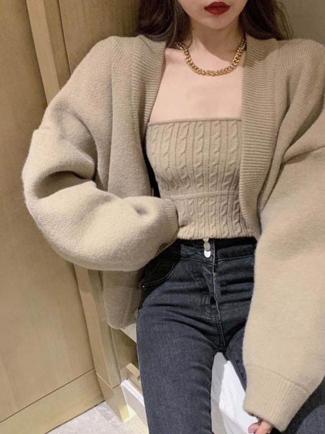 セット売り セーターカーディガン インナー ブラウン ホワイト トップス ニットソー セーター カーディガン スリム 細身 ストレート スマート かわいい きれいめ シンプル 大人 上品 おしゃれ 可愛い 大人女子  ラフ クール モード系 セクシー エレガント 無地 レディースの通販は