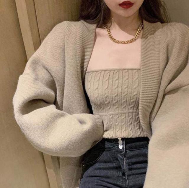 セット売り セーターカーディガン インナー ブラウン ホワイト トップス ニットソー セーター カーディガン スリム 細身 ストレート スマート かわいい きれいめ シンプル 大人 上品 おしゃれ 可愛い 大人女子  ラフ クール モード系 セクシー エレガント 無地 レディースの通販は