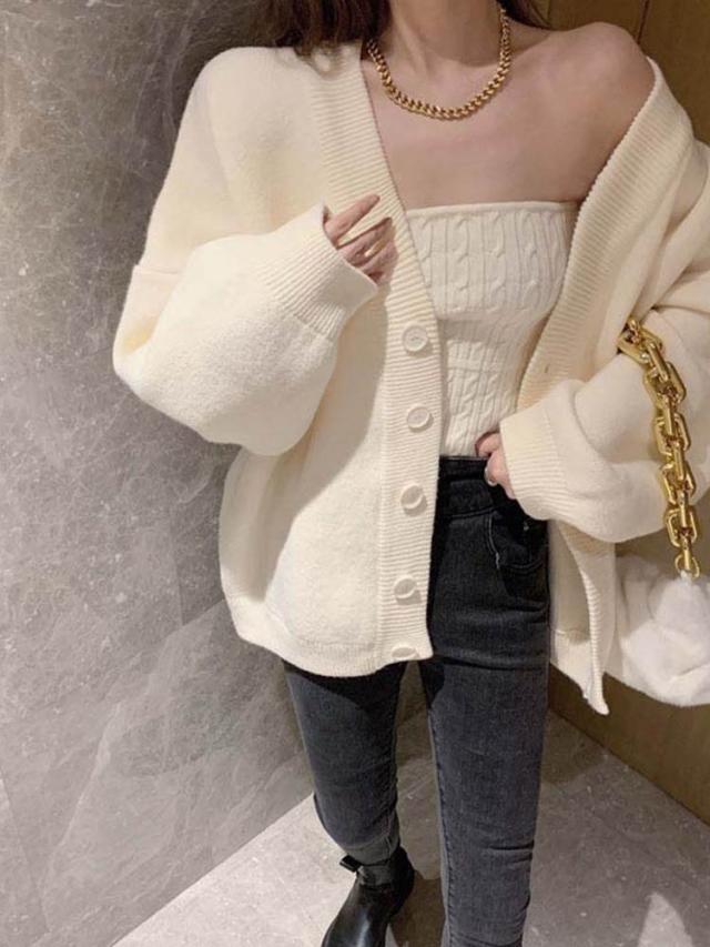 セット売り セーターカーディガン インナー ブラウン ホワイト トップス ニットソー セーター カーディガン スリム 細身 ストレート スマート かわいい きれいめ シンプル 大人 上品 おしゃれ 可愛い 大人女子  ラフ クール モード系 セクシー エレガント 無地 レディースの通販は