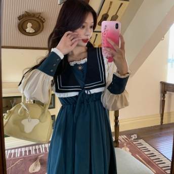 ビッグカラーワンピース ロリータ  スイート ガーリー ネイビー 紺 ミドル丈 袖あり 長袖 襟付き フレア シャーリング フリル ポリエステル  大人女子  大人 上品 おしゃれ  デイリーウェア レトロ レトロ風  こなれ感 ルーズ シルエット ラフ キュート 女子 レディースの通販は 5,377円