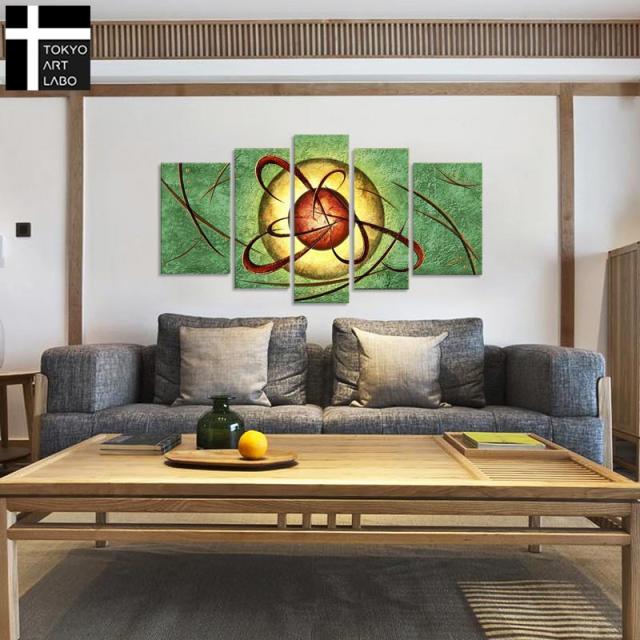 絵画 インテリア おしゃれ 壁掛け 絵【CIRCLE】アートパネル 抽象画 油絵 モダンアート 縁 5枚組 エントランス 玄関 リビング ホテル 緑 油彩画_3