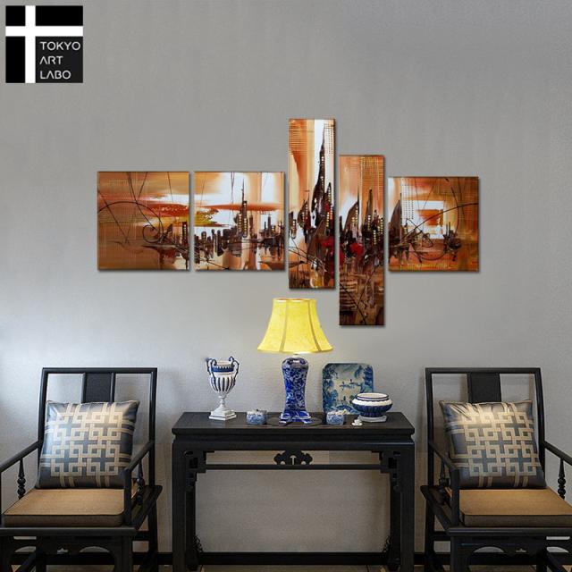 油絵 絵画 インテリア【CITYSCAPE】風景画 アートパネル モダン アート 絵 壁掛け 5枚組 店舗 内装 インテリアアート 茶系 油彩画_1
