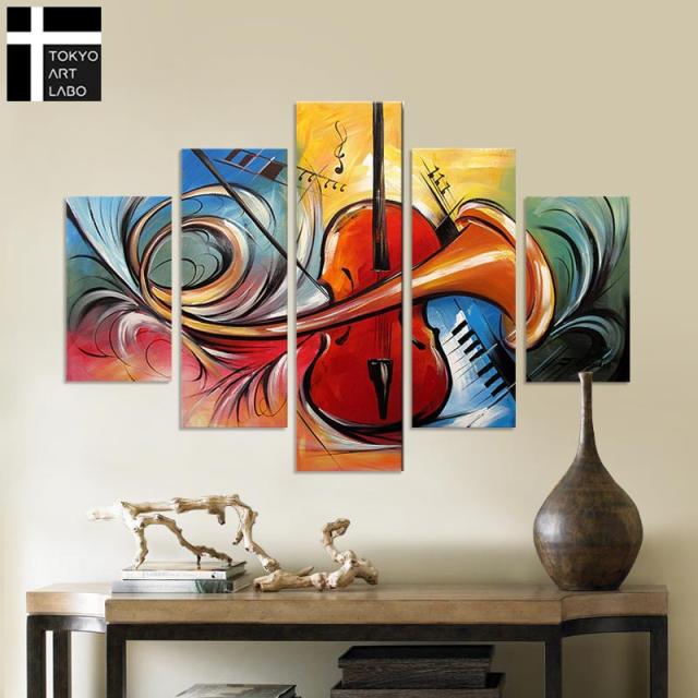 【楽天ランキング1位獲得】油絵 絵画 インテリア アートパネル モダン アート/チェロ 楽器 音楽をモチーフにした抽象画/ロビー リビング ホテルに飾る 法人向 壁面装飾 5枚組 油彩画_1