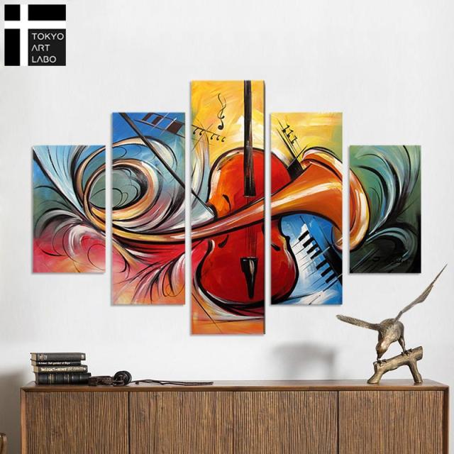 【楽天ランキング1位獲得】油絵 絵画 インテリア アートパネル モダン アート/チェロ 楽器 音楽をモチーフにした抽象画/ロビー リビング ホテルに飾る 法人向 壁面装飾 5枚組 油彩画_3