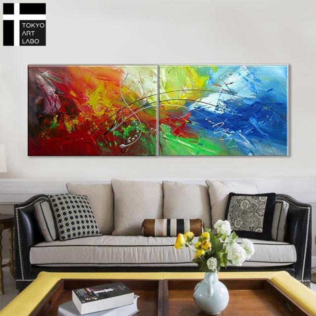 【楽天ランキング1位獲得】油絵 絵画 インテリア モダン アート 壁掛け おしゃれ 絵 ベッドルーム 玄関 リビング 大型 横長 青 2枚組 抽象画 油彩画_2