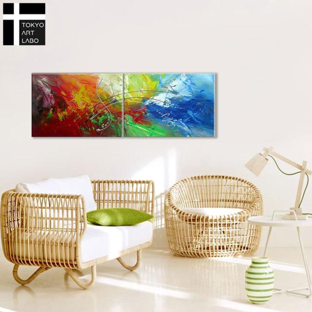 【楽天ランキング1位獲得】油絵 絵画 インテリア モダン アート 壁掛け おしゃれ 絵 ベッドルーム 玄関 リビング 大型 横長 青 2枚組 抽象画 油彩画_4