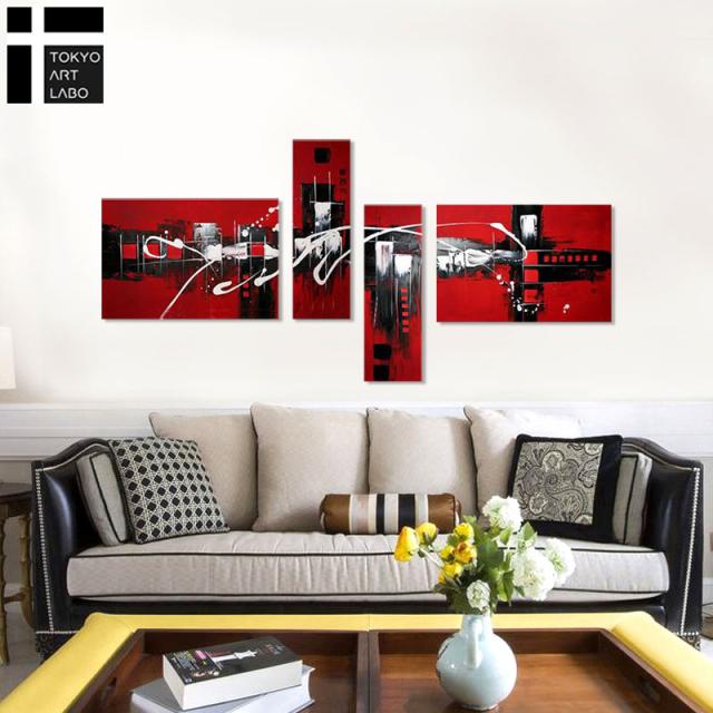 【楽天ランキング1位獲得】油絵 【LARGE MID CENTURY MODERN】絵画 インテリア 壁掛け 大型 アートパネル おしゃれ モダン アートワーク 赤系 4枚組 油彩画_3