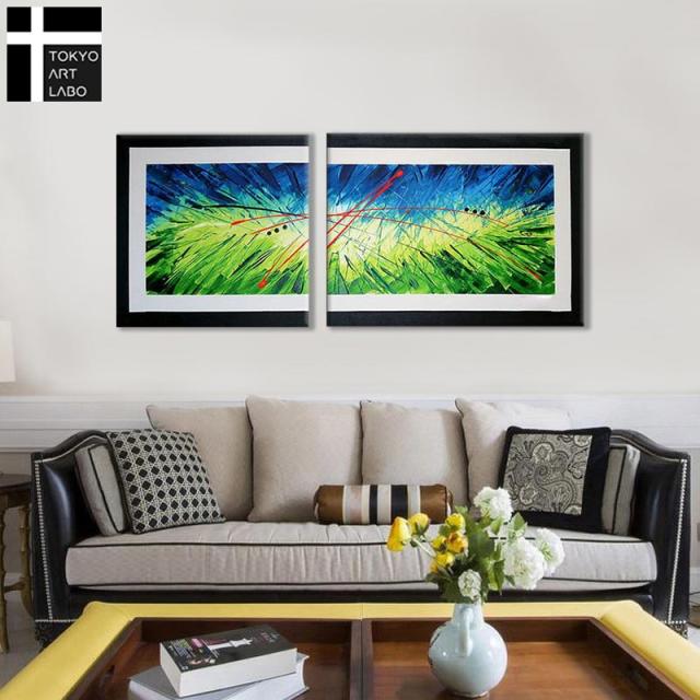 油絵 絵画 インテリア アートパネル 90cmx60cm 60cmx60cm 各1枚 2枚組 モダン おしゃれ 壁掛け アート 横長 緑色 抽象画 油彩画_1