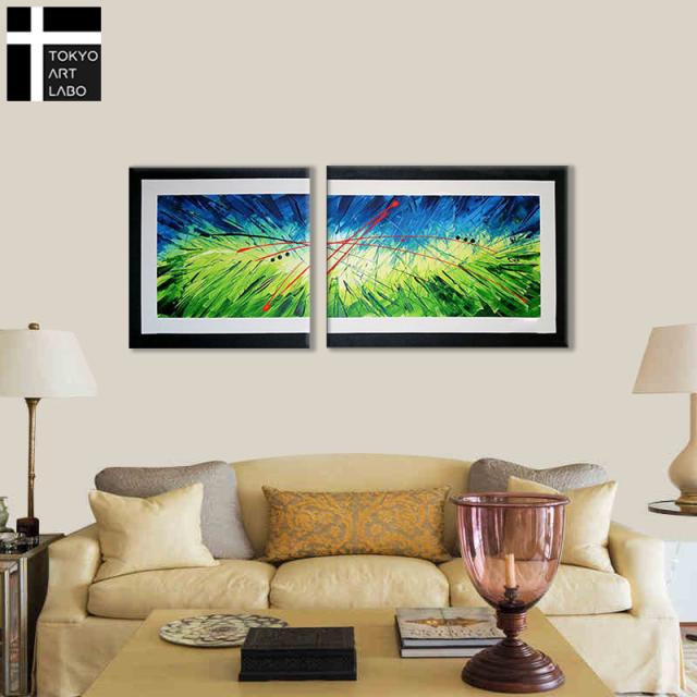 油絵 絵画 インテリア アートパネル 90cmx60cm 60cmx60cm 各1枚 2枚組 モダン おしゃれ 壁掛け アート 横長 緑色 抽象画 油彩画_2