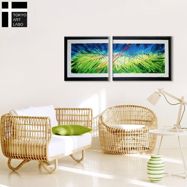 油絵 絵画 インテリア アートパネル 90cmx60cm 60cmx60cm 各1枚 2枚組 モダン おしゃれ 壁掛け アート 横長 緑色 抽象画 油彩画_3