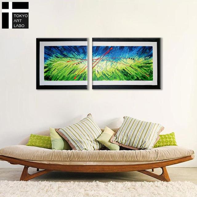 油絵 絵画 インテリア アートパネル 90cmx60cm 60cmx60cm 各1枚 2枚組 モダン おしゃれ 壁掛け アート 横長 緑色 抽象画 油彩画_4