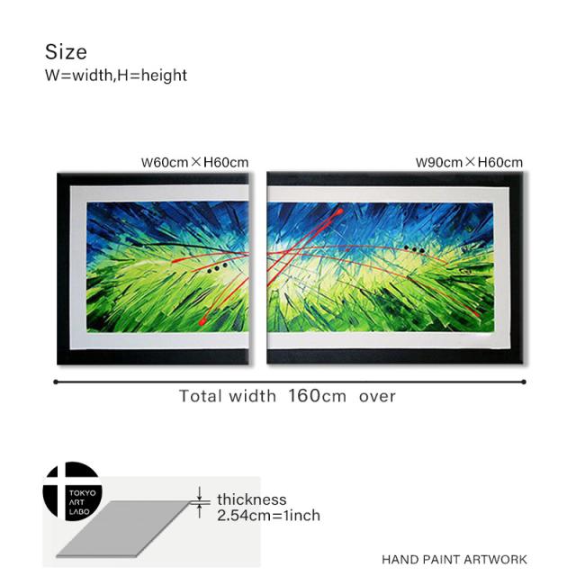 油絵 絵画 インテリア アートパネル 90cmx60cm 60cmx60cm 各1枚 2枚組 モダン おしゃれ 壁掛け アート 横長 緑色 抽象画 油彩画_19