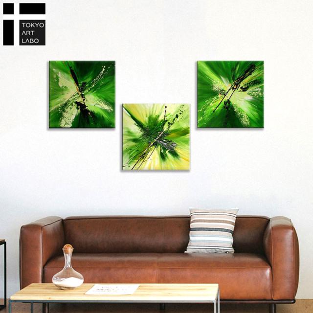 絵画 Shine Green Modern Abstract 3枚 壁掛け インテリア アートパネル 油絵 抽象 店舗 デザイン 背景 壁飾り 油彩画 フラッシュ グリーン 緑色 壁に緑_2