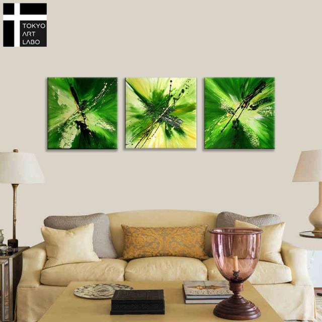 絵画 Shine Green Modern Abstract 3枚 壁掛け インテリア アートパネル 油絵 抽象 店舗 デザイン 背景 壁飾り 油彩画 フラッシュ グリーン 緑色 壁に緑_3